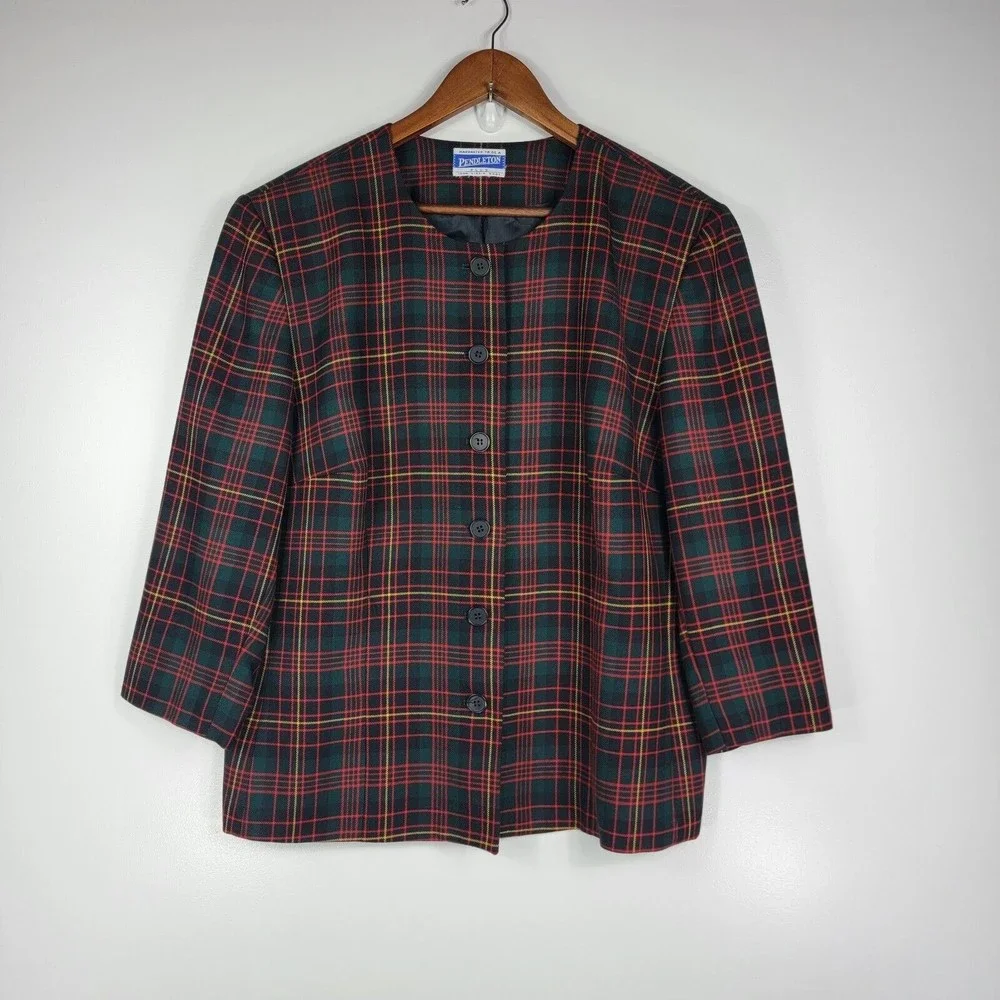 Vintage Pendleton Red Green Plaid 100% Wool Blazer No Size Tag - Picture 2 of 7
